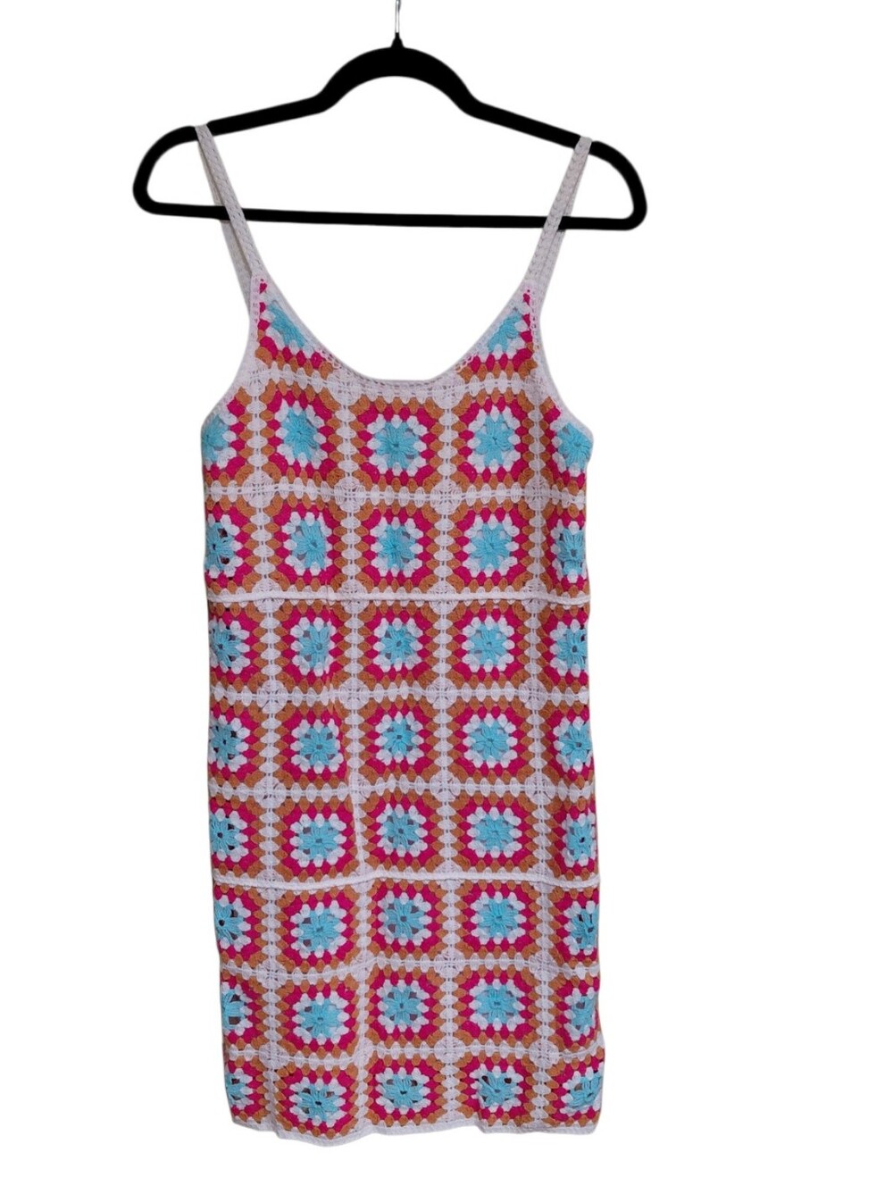 Crochet Square-Pattern Mini Dress in Pink & Blue